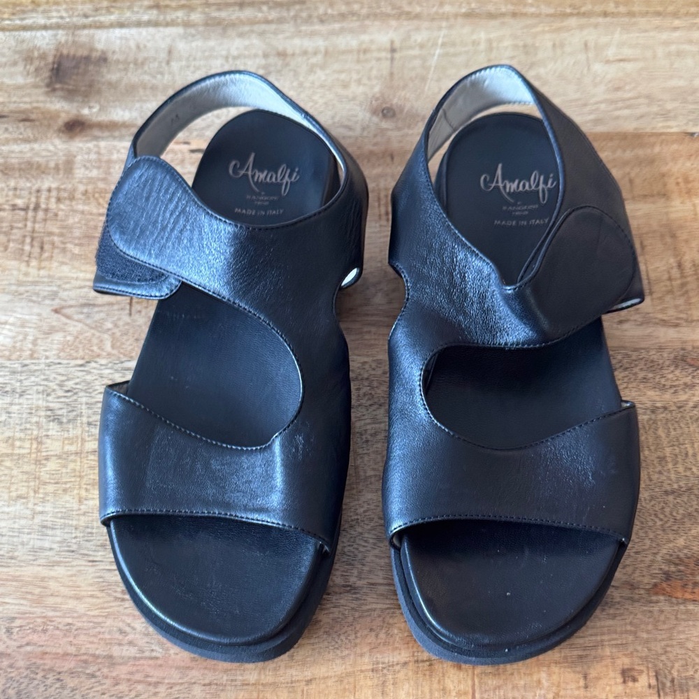 Amalfi Black Leather Adjustable Slingback flat Velcro strap comfort  Sandals 9